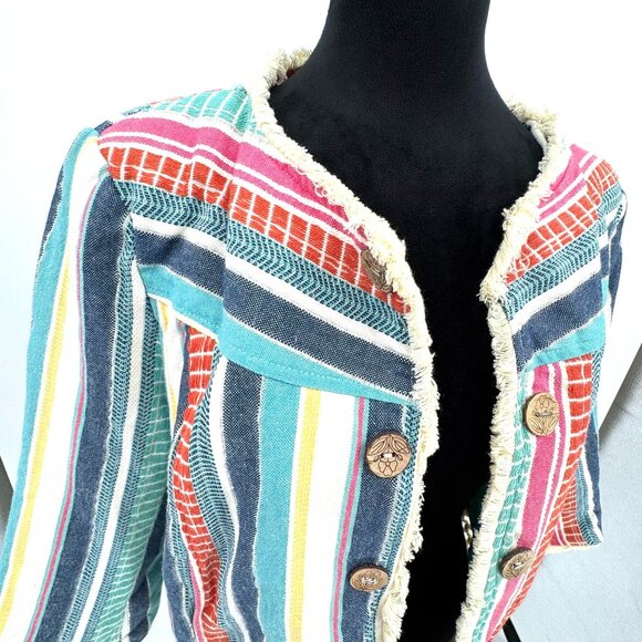 Multiples Striped Cotton Jacket Womens PL Patchwork Crochet Hem Wood Buttons - Picture 1 of 8